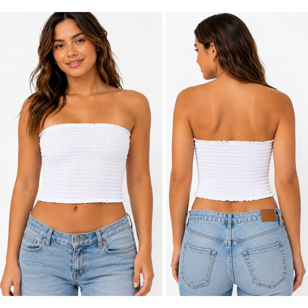 Y2K White Smocked Tube Top Strapless Stretch Crop Top Women's L Boho Summer